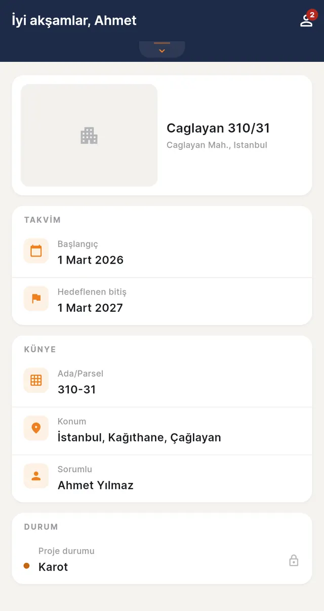 Flat owner project details: start and target end date, block/plot, location and project status (demo data, Turkish interface)