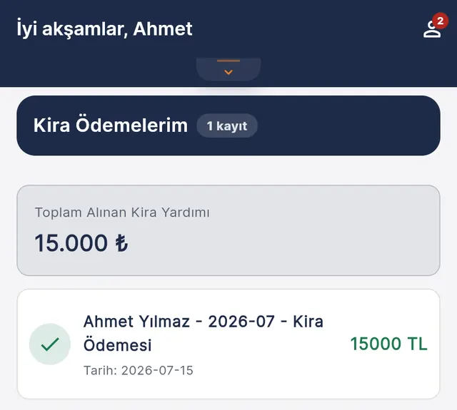 My Rent Payments screen: total rent assistance received and a payment record (demo data, Turkish interface)