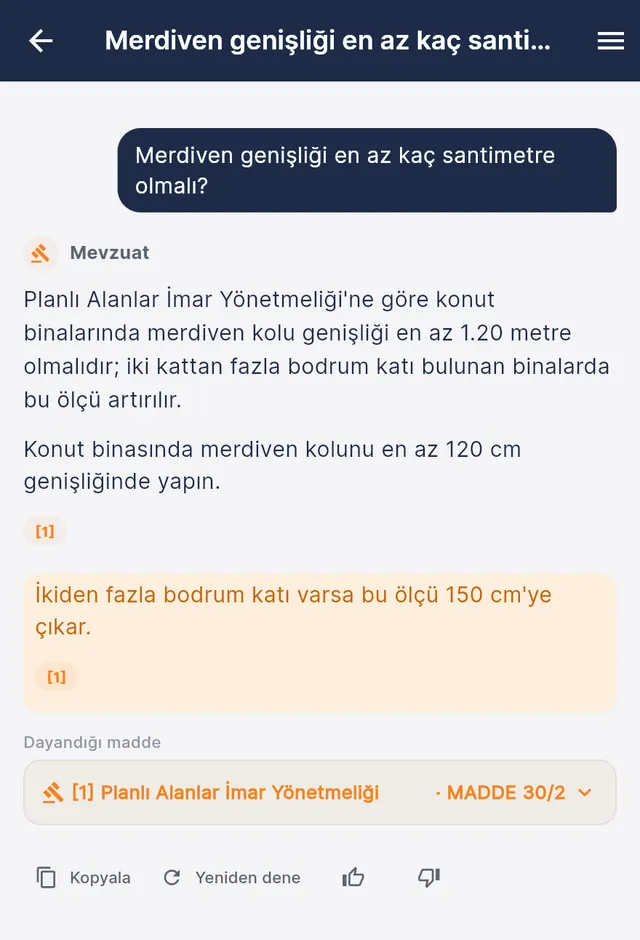 Sample regulation answer: a question on minimum stair width answered from the Planned Areas Zoning Regulation, with the source article MADDE 30/2 (Turkish interface)