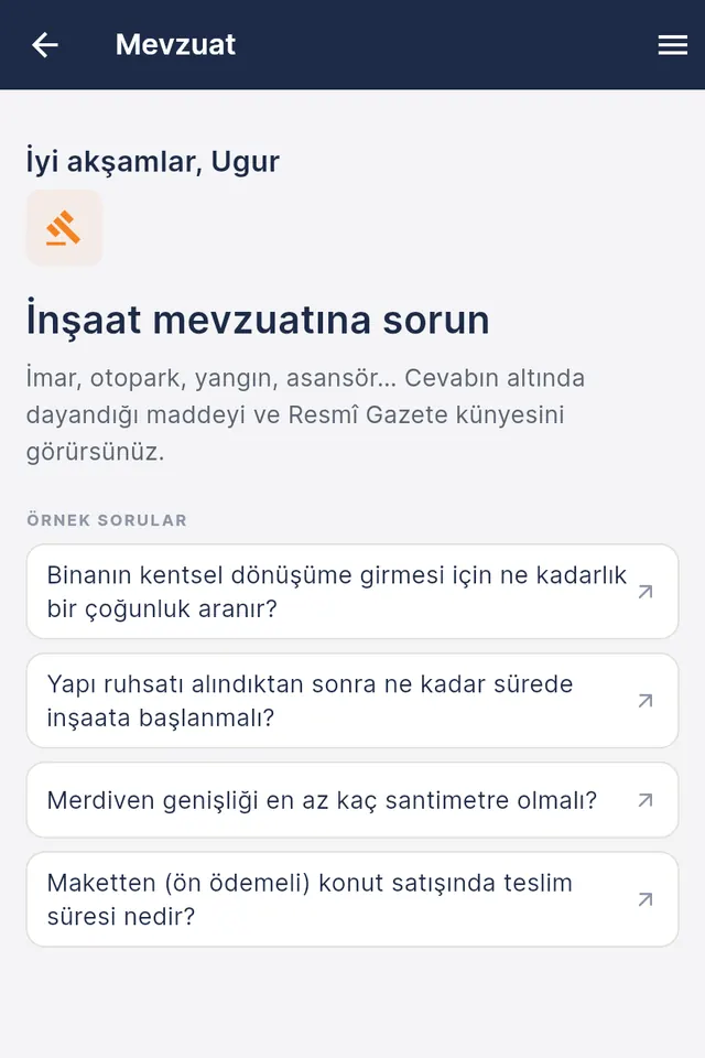 Regulation assistant start screen: Ask about construction regulations, with sample questions (Turkish interface)