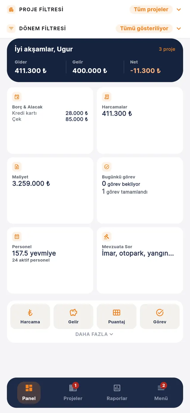 KentFy dashboard: expense, income and net band; debt and receivables, expenses, cost, today's tasks, crew day-wages and the Ask the Regulations card (demo data, Turkish interface)