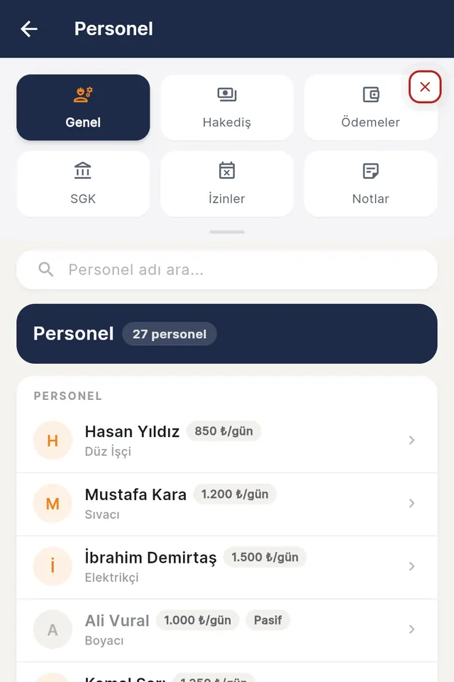 Personnel list: each person's trade and daily wage; General, Earnings, Payments tabs (demo data, Turkish interface)