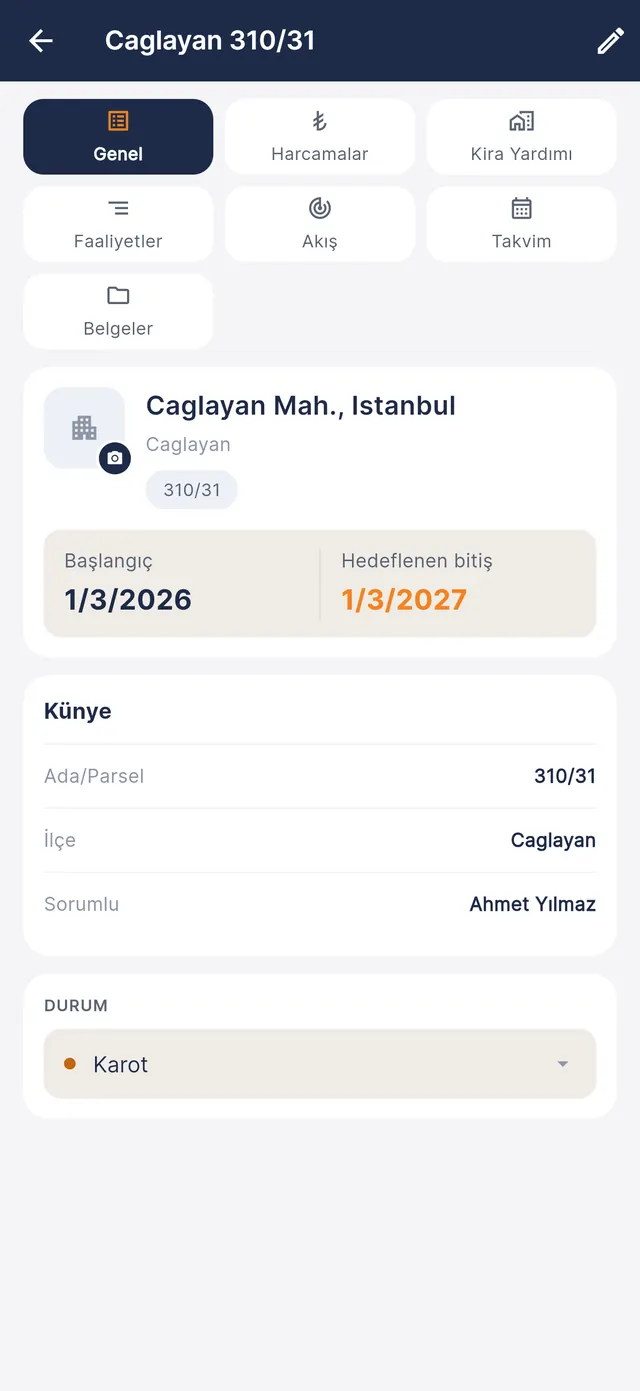 KentFy proje ekranı: ada/parsel, başlangıç ve hedeflenen bitiş tarihi, proje aşaması (demo veri)