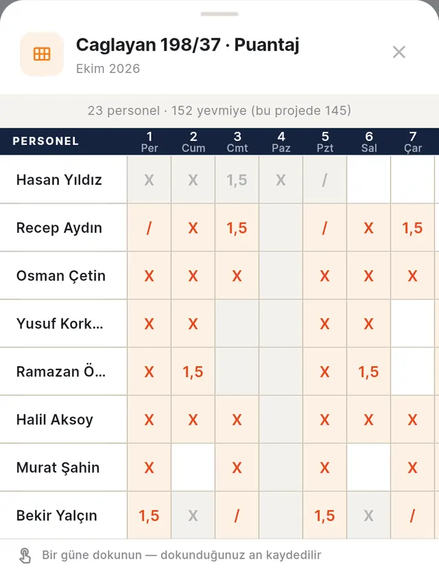 Timesheet grid: personnel by day with full-day, half-day and 1.5 overtime marks; tap a day and it is saved (demo data, Turkish interface)